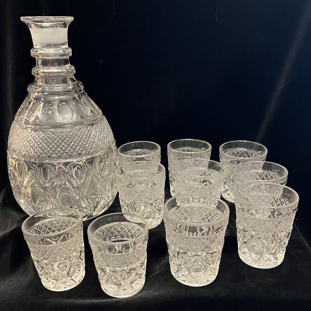 VTG Imperial Glass Cape Cod Clear Pressed Old Fashioned Decanter & 10 Glass Set